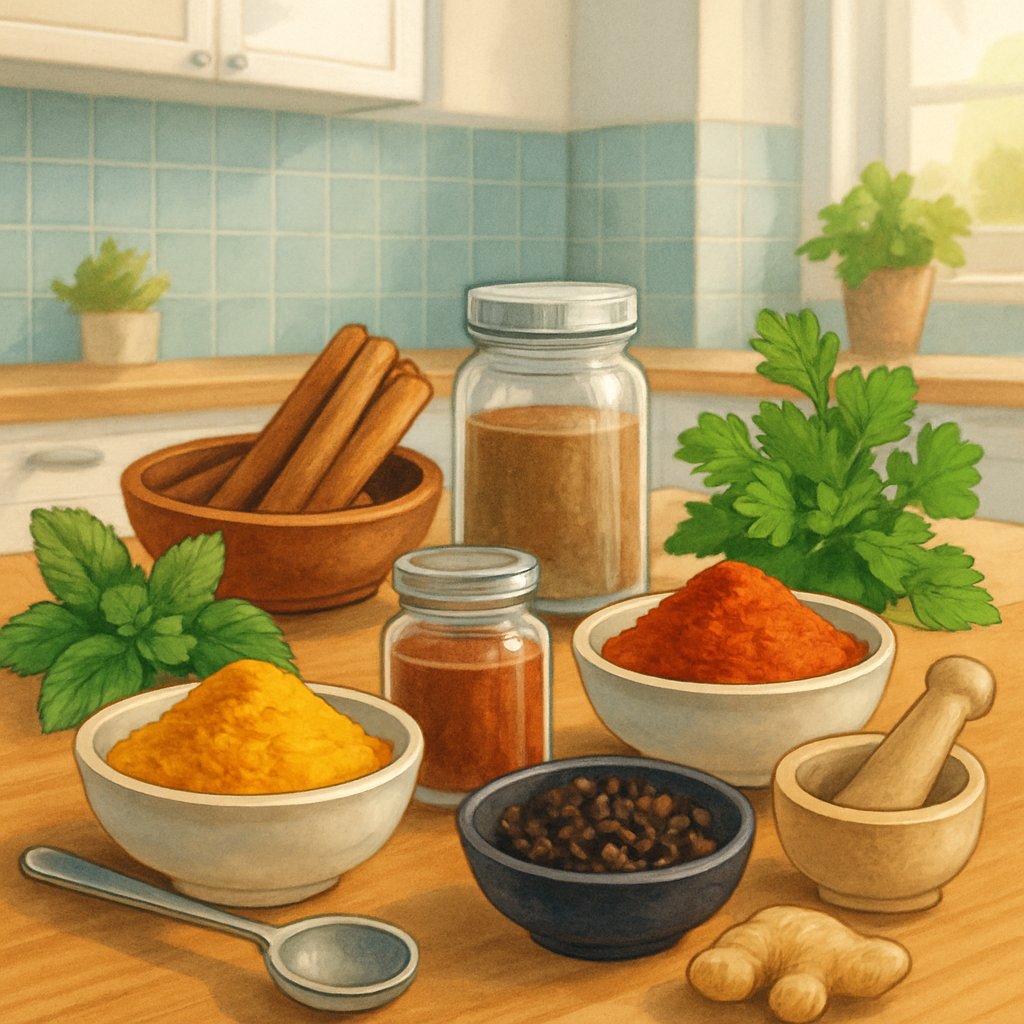 An assortment of spices and herbs arranged on a kitchen countertop with bowls, jars, and a mortar and pestle.