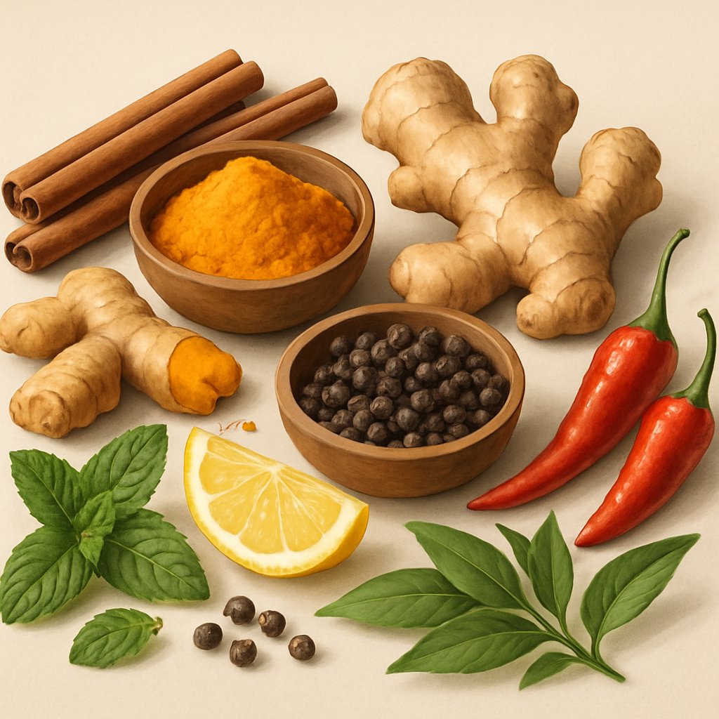 An arrangement of various spices and herbs including cinnamon, turmeric, ginger, cayenne peppers, black peppercorns, green tea leaves, mint, and lemon slices on a neutral surface.