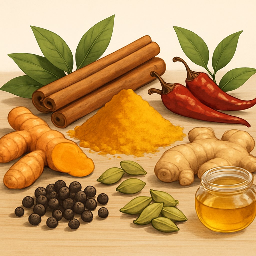 An arrangement of various natural spices including turmeric, cinnamon sticks, chili peppers, ginger, black peppercorns, and cardamom on a wooden surface with green leaves and a small jar of honey.