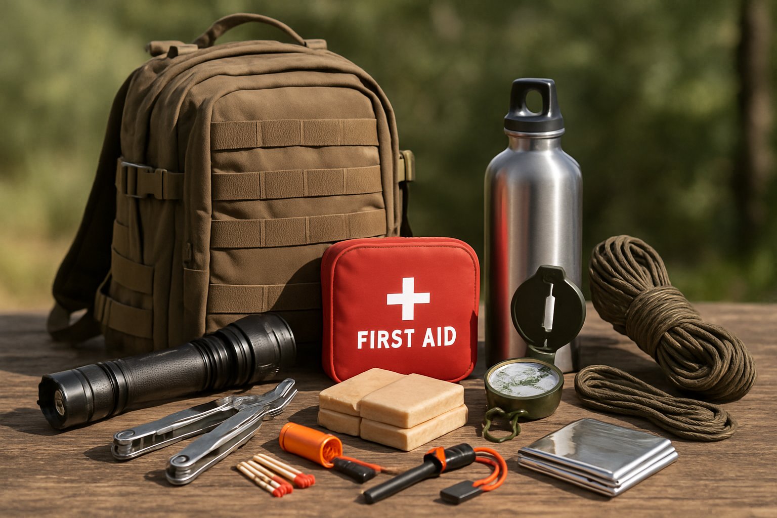 An assortment of survival gear including a backpack, flashlight, multi-tool, first aid kit, compass, water bottle, emergency food, fire-starting tools, paracord, survival blanket, and map arranged on a wooden surface.