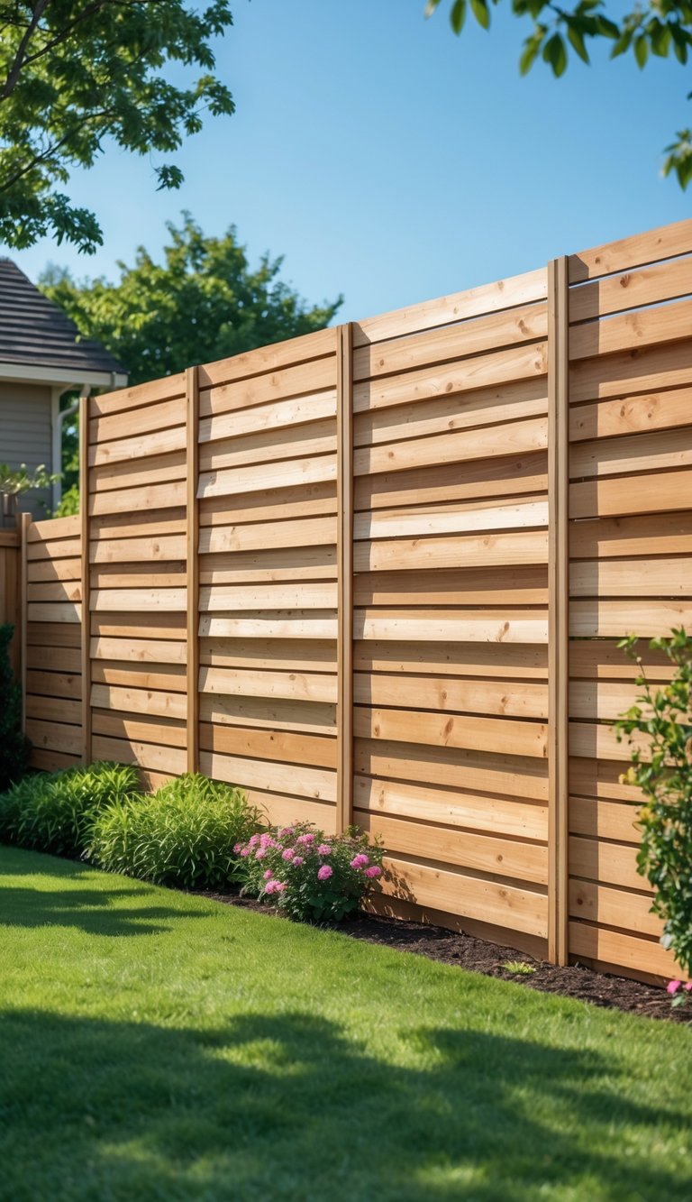 A backyard with a staggered wooden fence dividing the yard, surrounded by grass and plants.