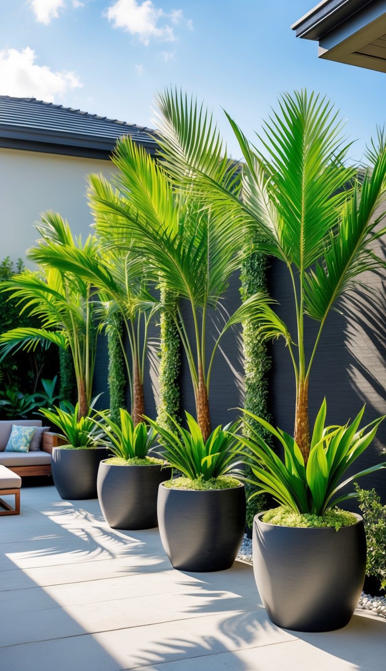 Outdoor yard with large potted tropical palm plants arranged to create a natural privacy divider between two spaces.