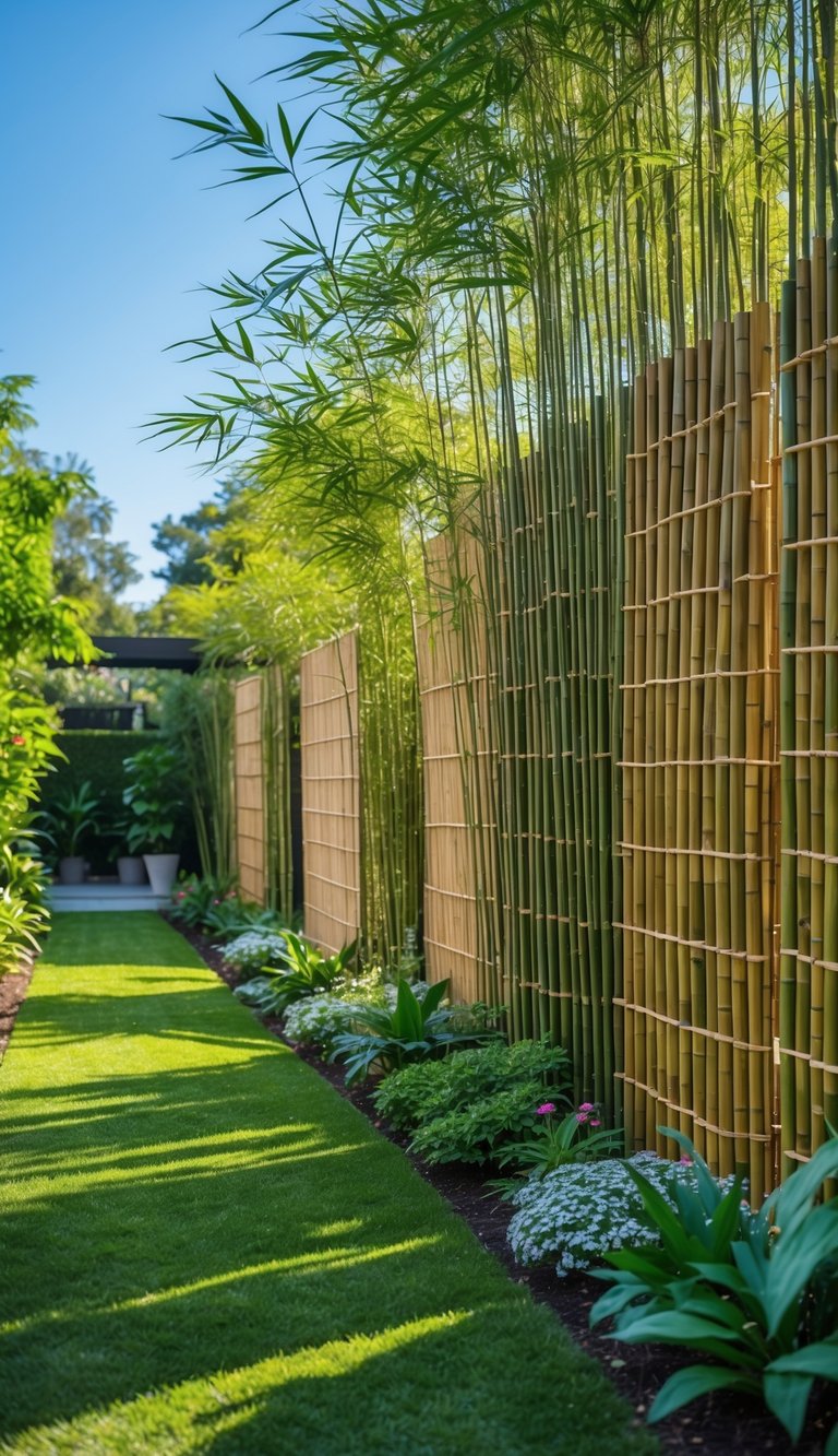 Outdoor garden with tall bamboo screens arranged as yard dividers providing privacy along a green lawn surrounded by plants.