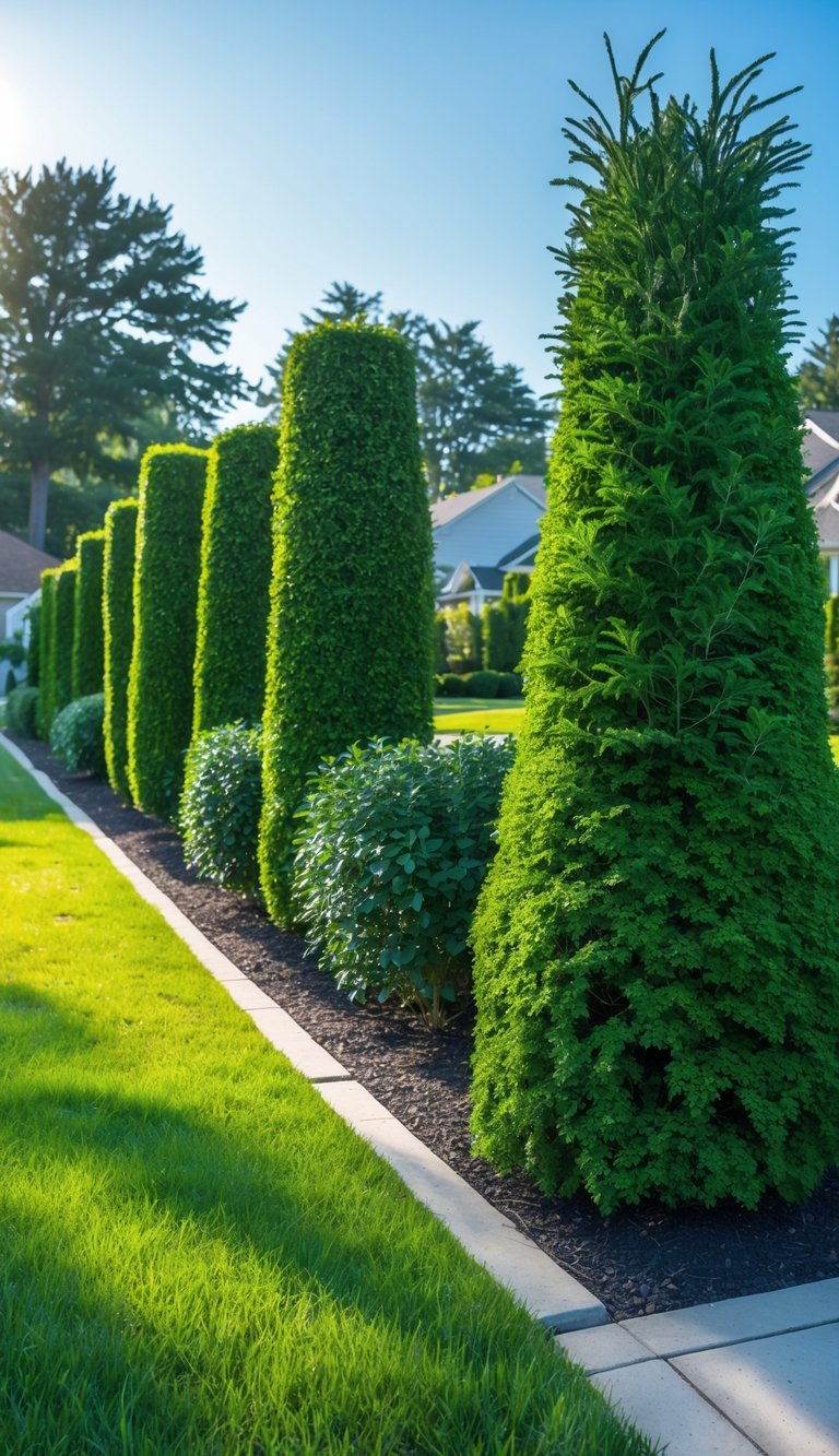 A yard with neatly trimmed evergreen shrub hedge rows serving as natural dividers for privacy.