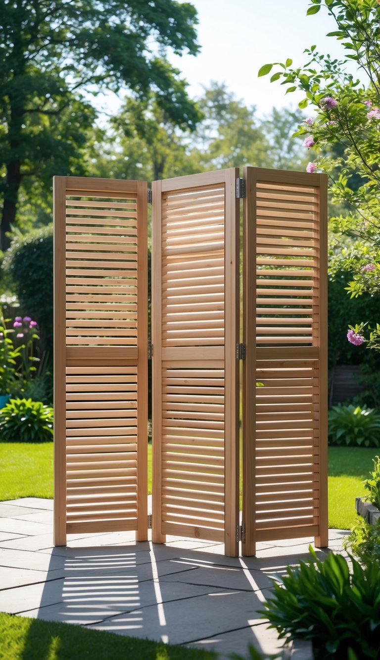 Three-panel wooden bifold door divider standing outdoors in a garden yard surrounded by grass and plants.