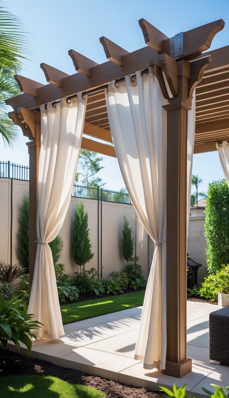 An outdoor pergola with flowing light curtains surrounded by green plants and garden landscaping, creating a private backyard space.