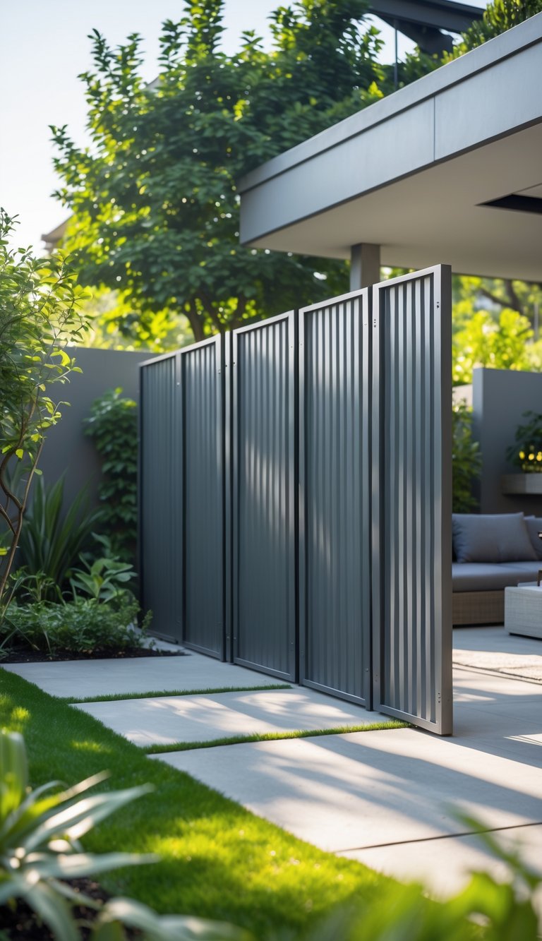 Outdoor yard with metal privacy panels dividing garden spaces surrounded by plants and a patio area.