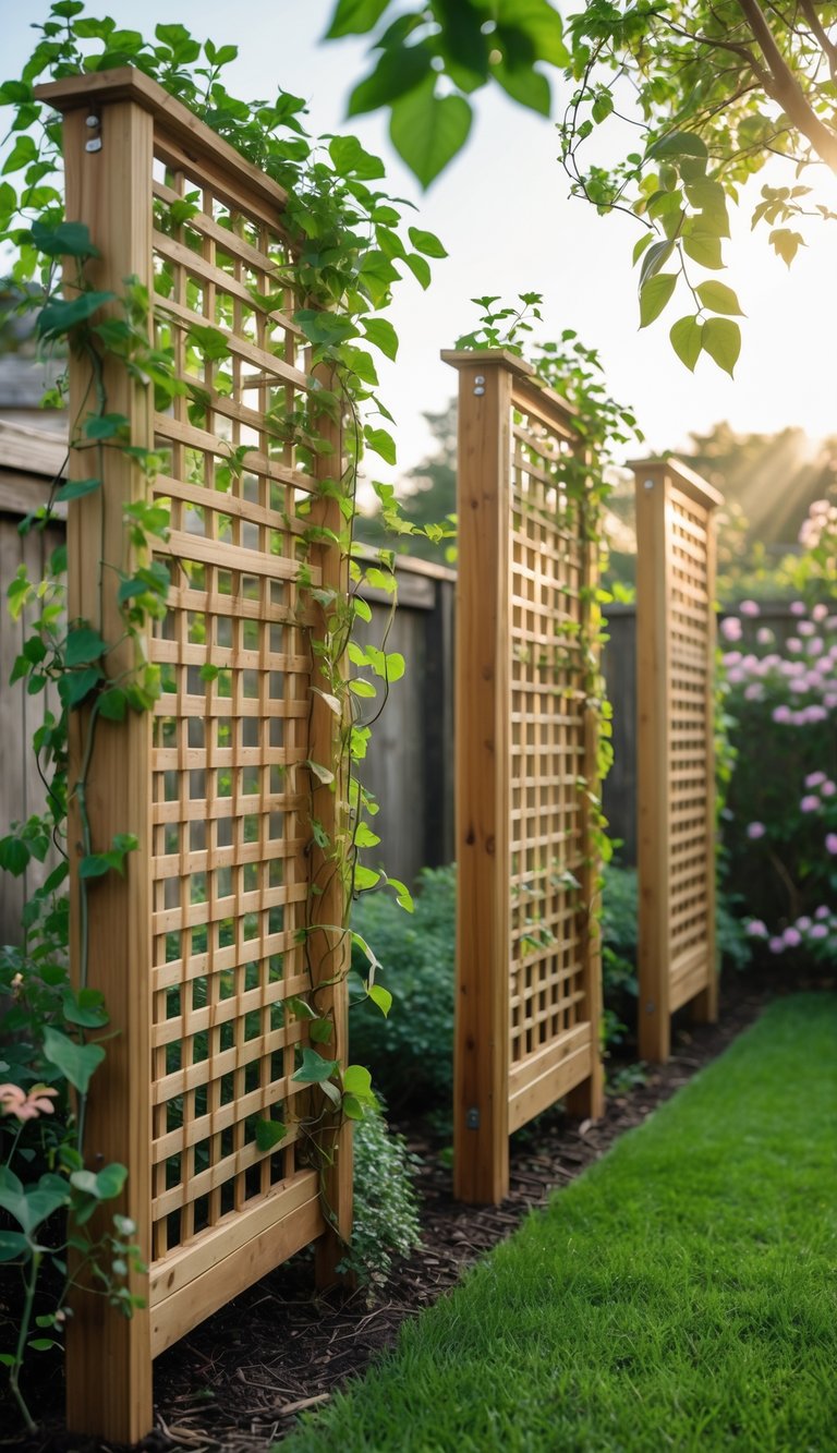 A backyard with wooden lattice panels covered in green climbing vines, creating private yard dividers surrounded by garden plants.