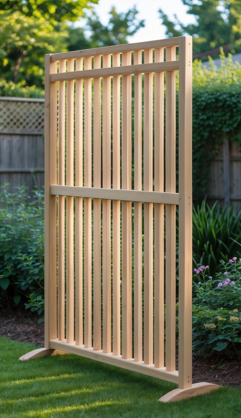 A freestanding wooden slat divider standing in a backyard garden with grass and plants.