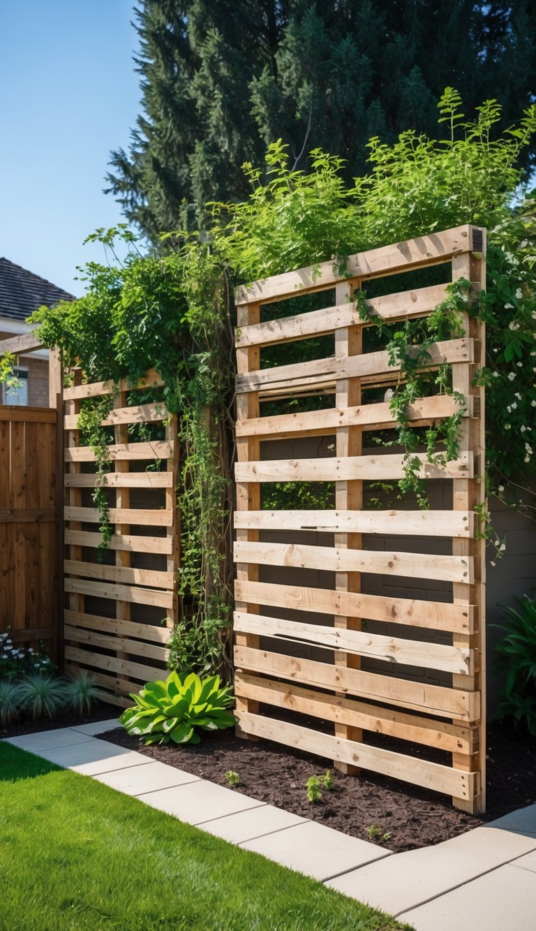 Backyard with a privacy wall made from recycled wooden pallets surrounded by grass and plants.