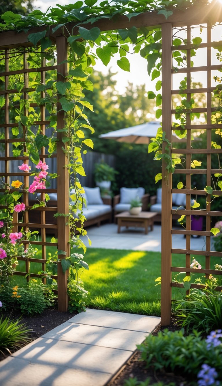 A wooden garden trellis with climbing plants dividing a backyard garden with greenery and flowers.