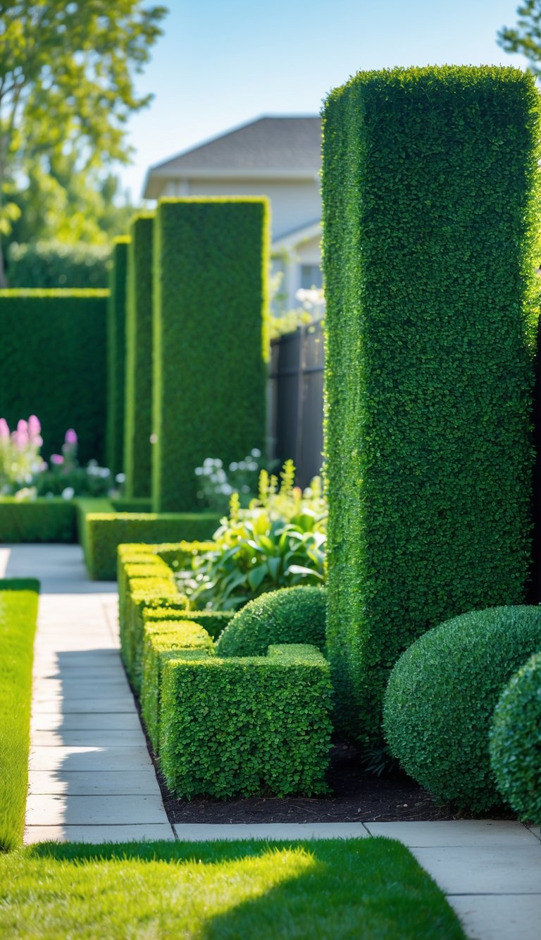A garden with neatly trimmed green hedges arranged as yard dividers providing privacy between lawn and pathway areas.