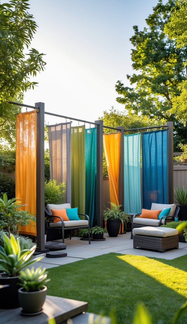 Outdoor scene with colorful fabric dividers creating private spaces in a garden surrounded by plants and outdoor furniture.