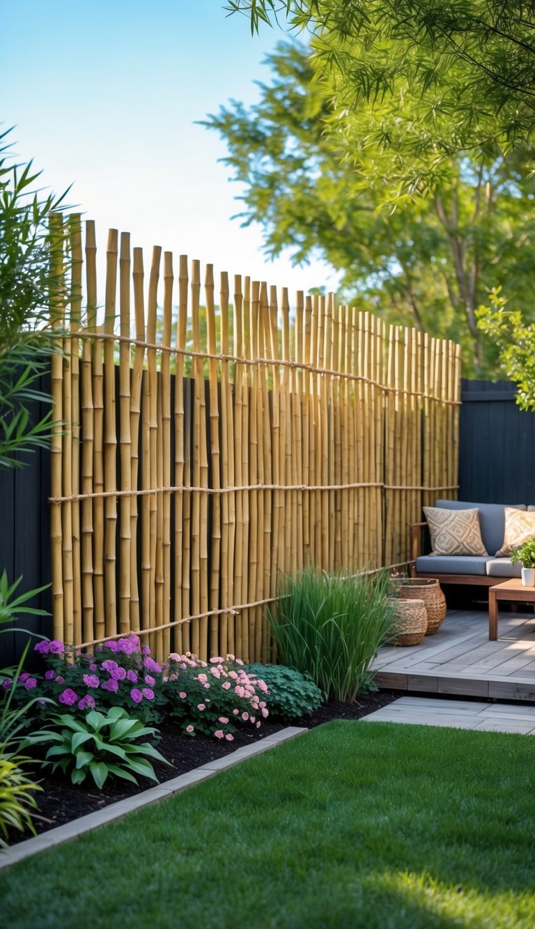A backyard with a bamboo fence dividing a garden area from an outdoor seating space surrounded by plants and trees.
