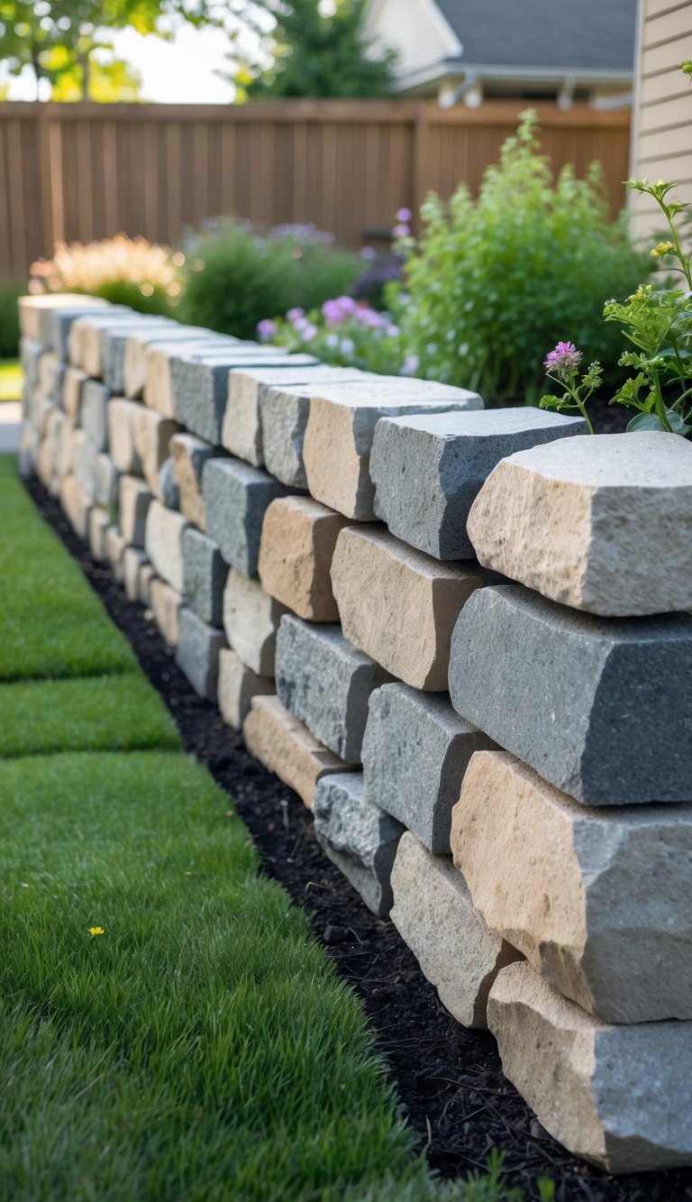 A stacked stone wall dividing a green backyard with plants and a house in the background.