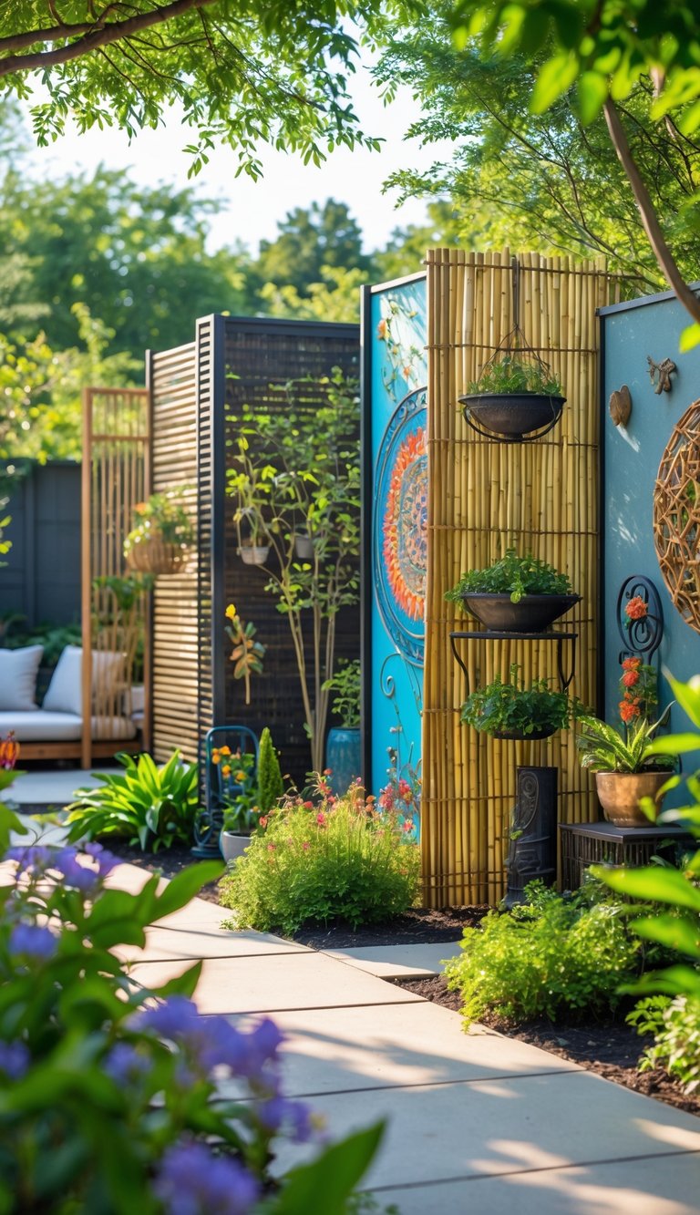 Outdoor yard with privacy screens decorated with colorful art and surrounded by plants.