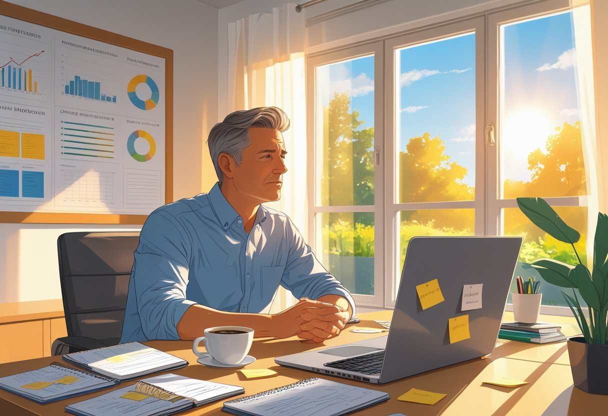 A person in their 40s sitting at a desk in a home office, looking thoughtful with notebooks, a laptop, and a vision board with personal development goals behind them.