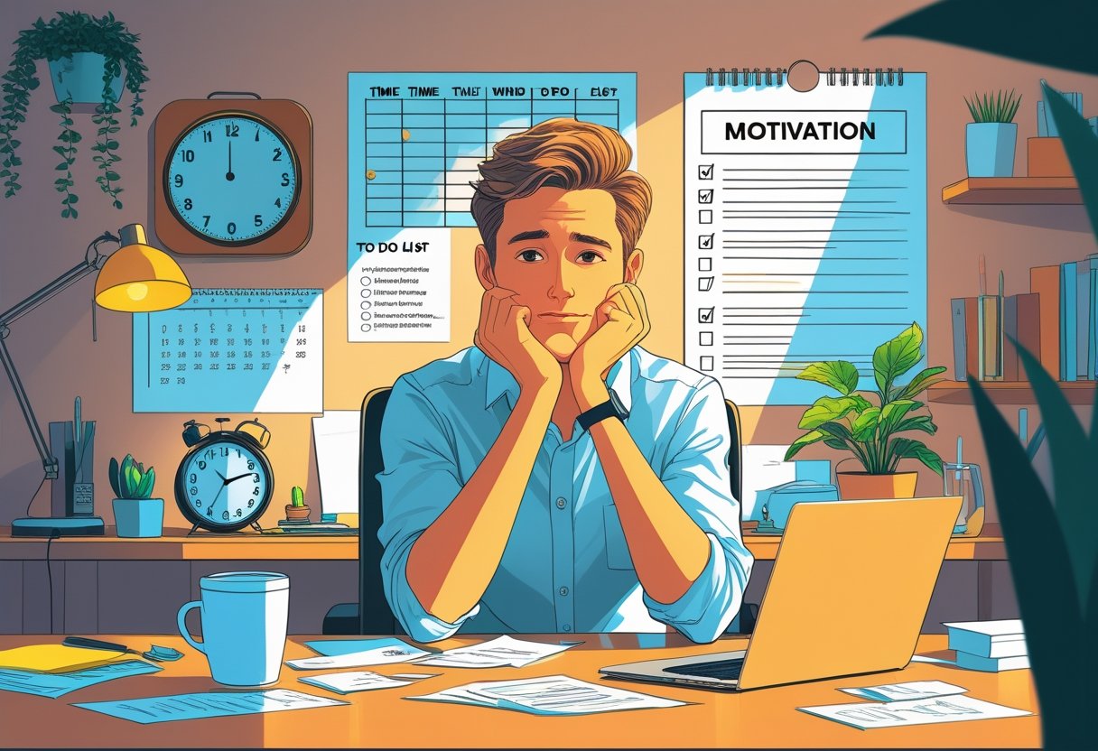 A person in their 40s sitting thoughtfully at a desk surrounded by a clock, papers, a calendar, and a plant in a cozy home office.
