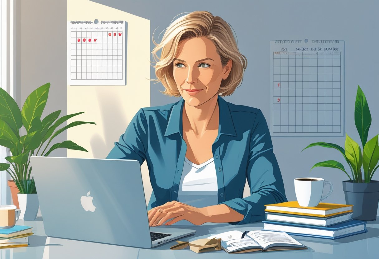 A person in their forties working at a desk with a laptop, planner, and books, appearing focused and motivated in a bright room with a calendar and plant nearby.