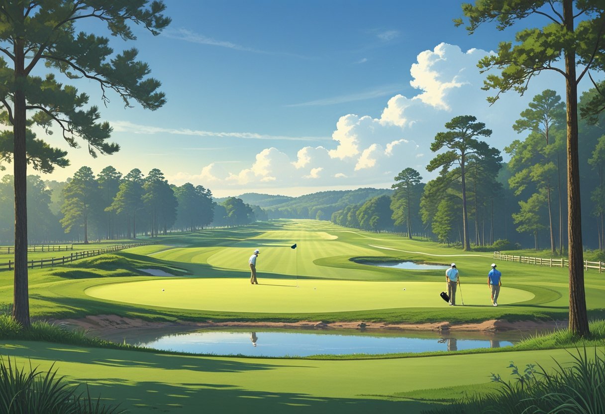 A peaceful golf course with green fairways, trees, a pond, and golfers playing under a clear sky in a rural South Carolina setting.