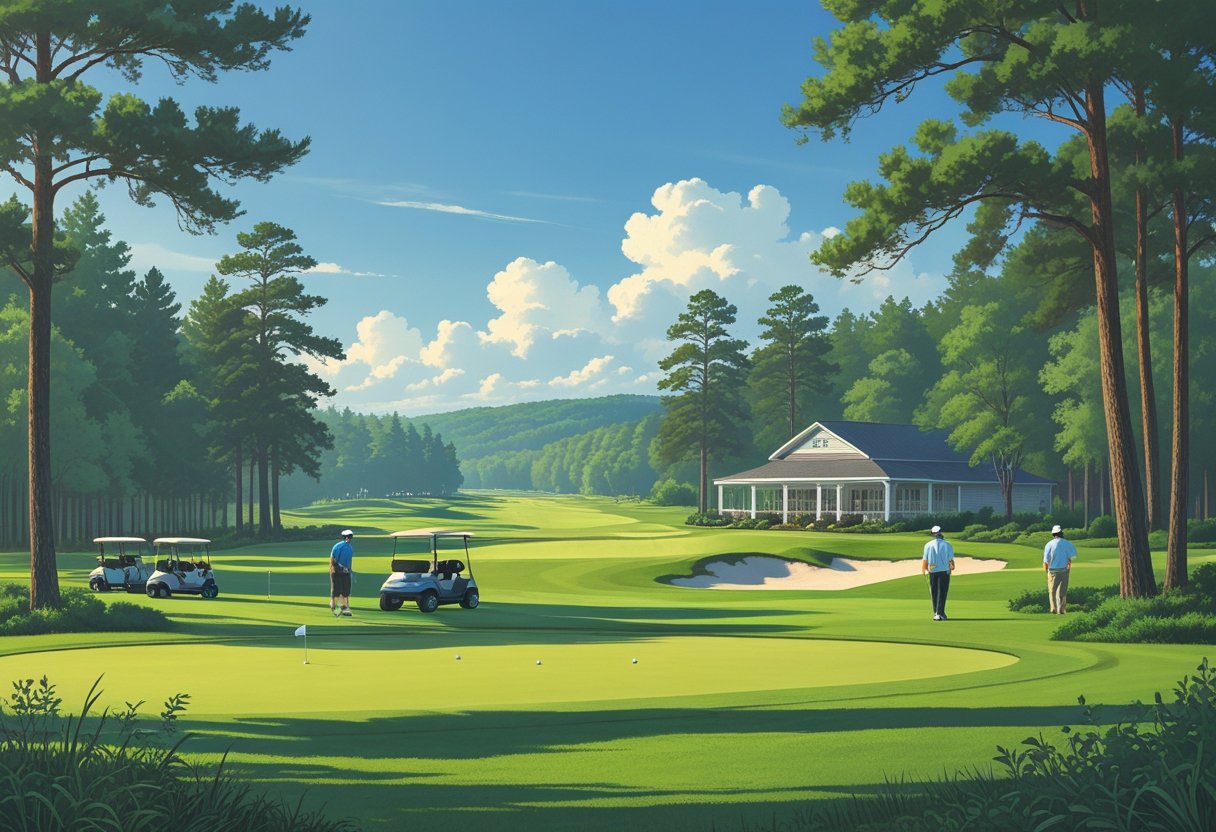 A peaceful golf course with golfers playing, surrounded by trees and hills, and a small clubhouse in the background.