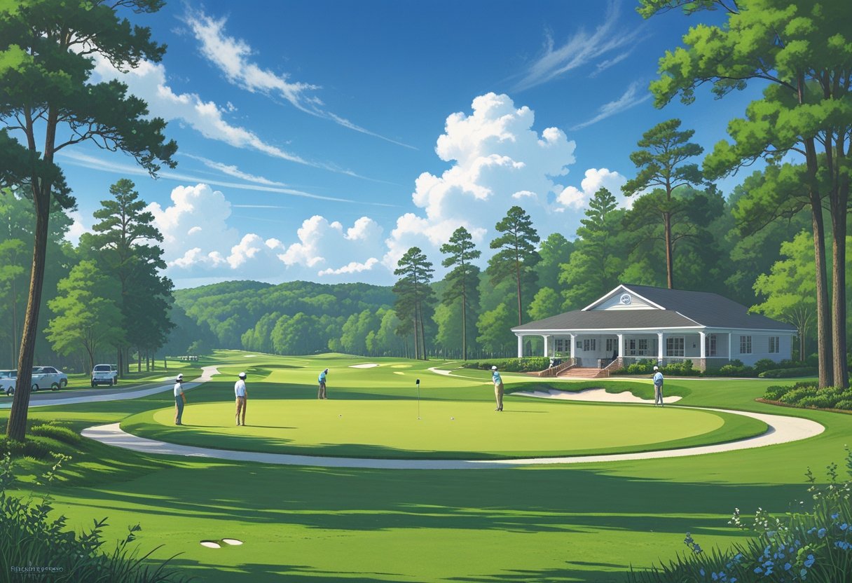 A public golf course with golfers playing on green fairways surrounded by pine trees and hills, with a small clubhouse in the background.