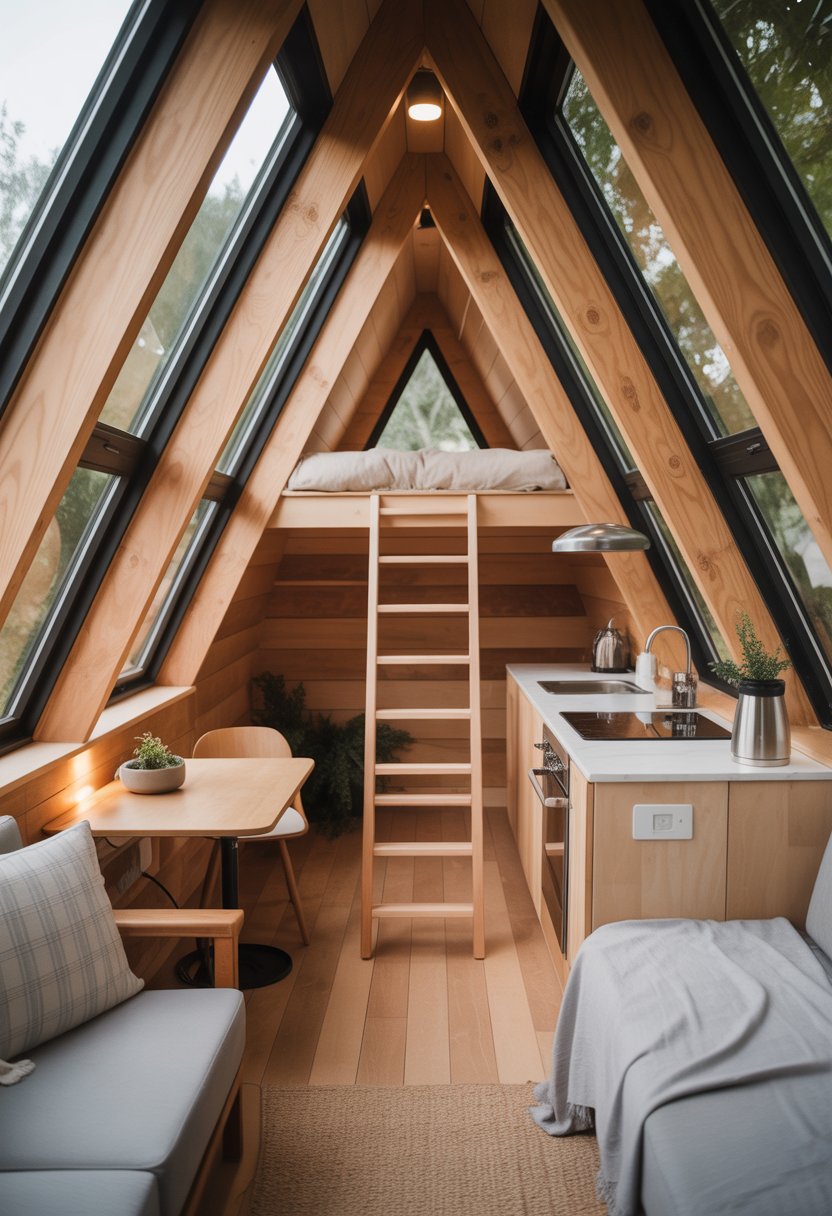 Interior of a small A-frame tiny house showing a living area, kitchen, and loft sleeping space with wooden beams and natural light.