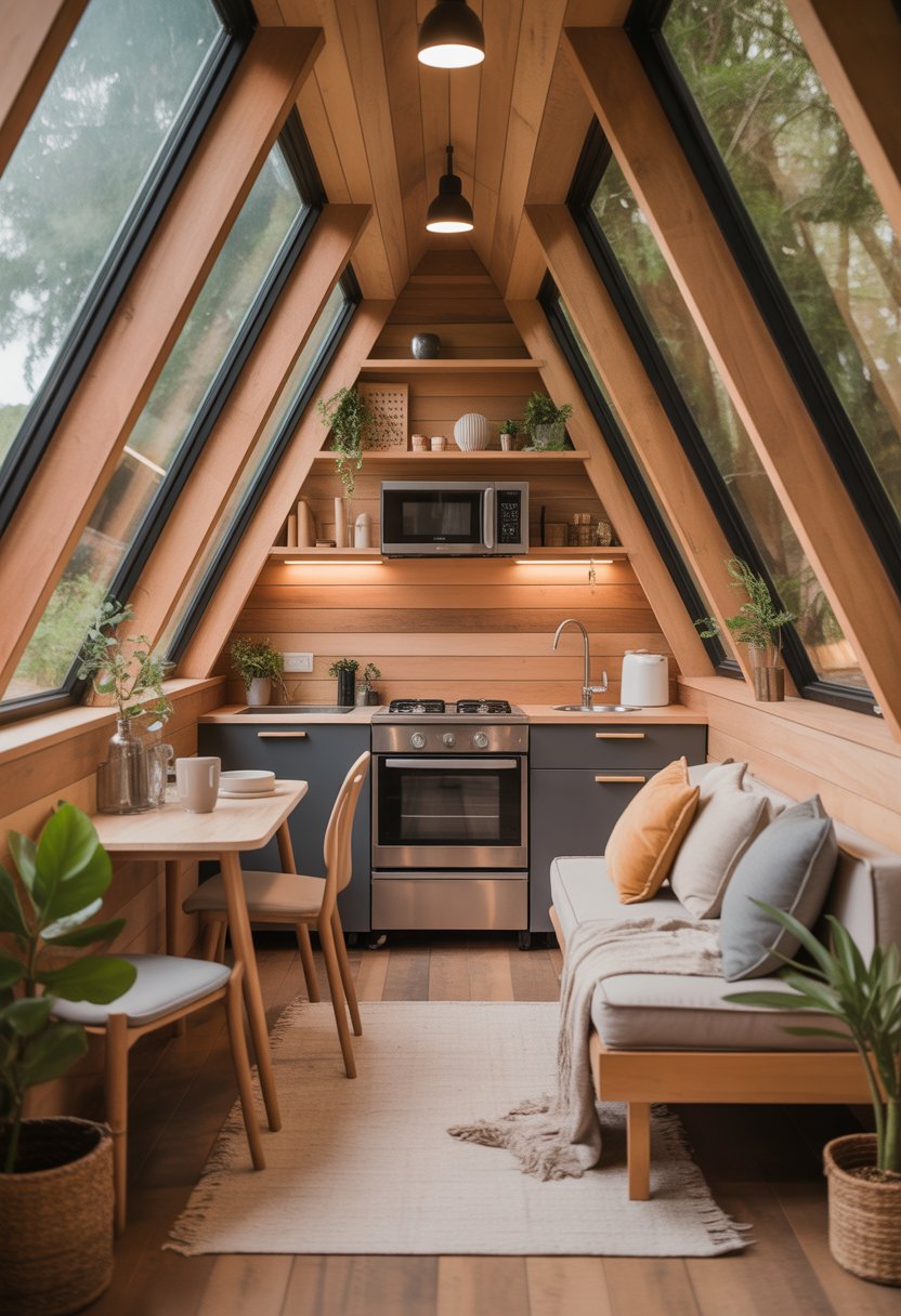 Interior view of a small A-frame tiny house with wooden walls, a kitchenette, dining area, and seating space filled with natural light.