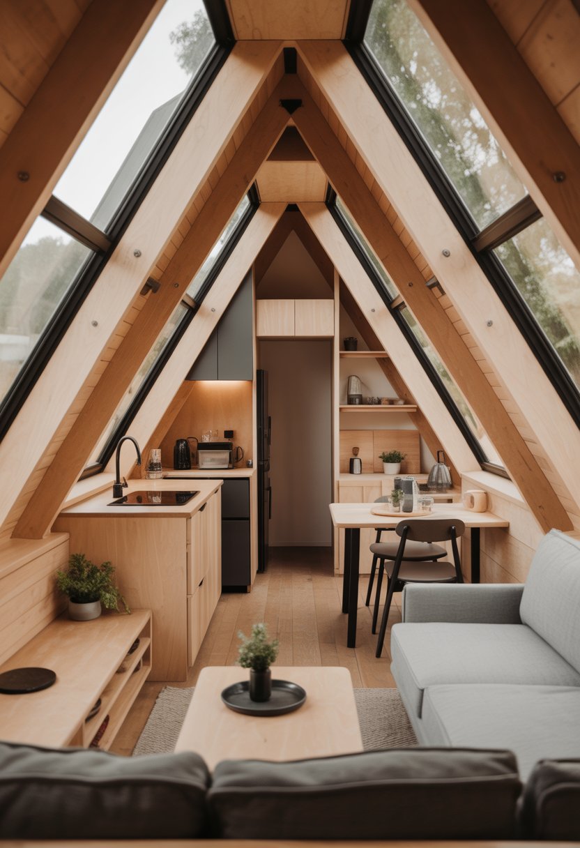 Open living area inside a small A-frame house with wooden beams, seating, kitchen, and dining space.