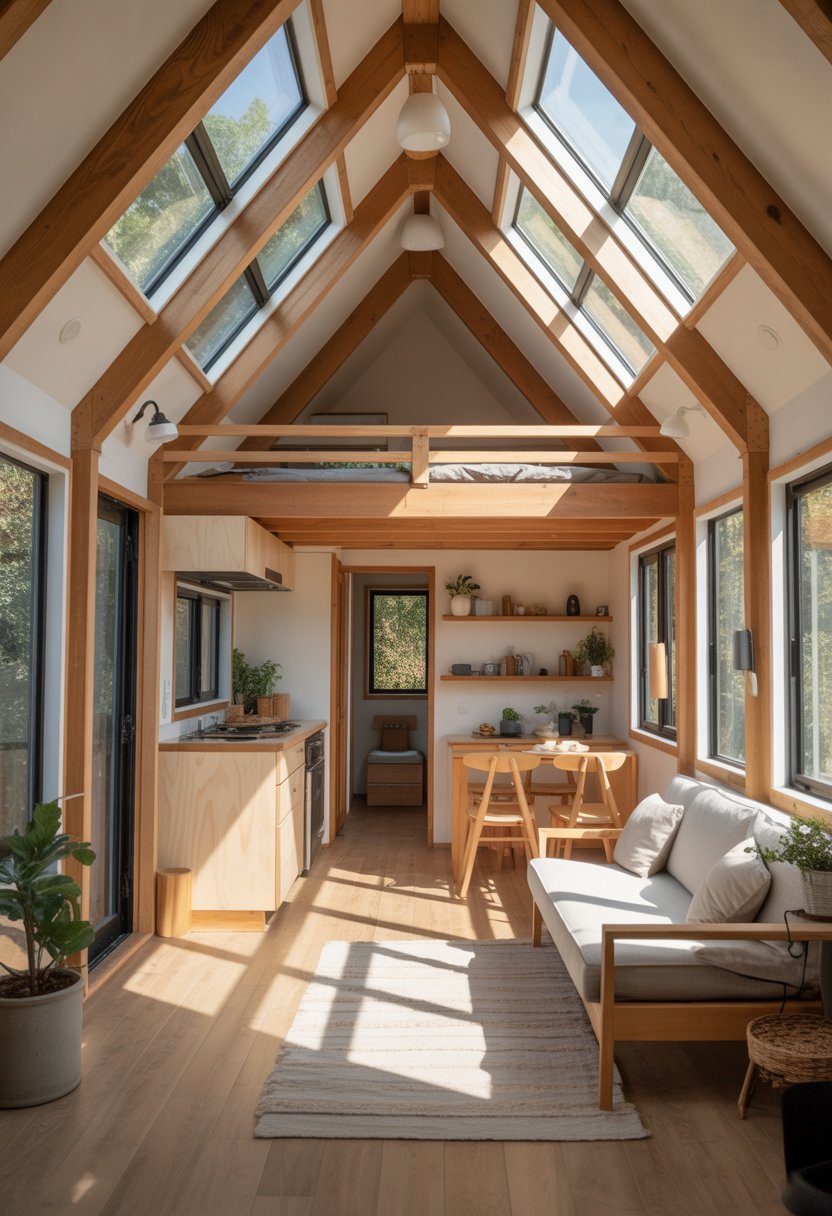 Interior of a tiny house with vaulted ceilings, wooden beams, large windows, and a cozy living area.