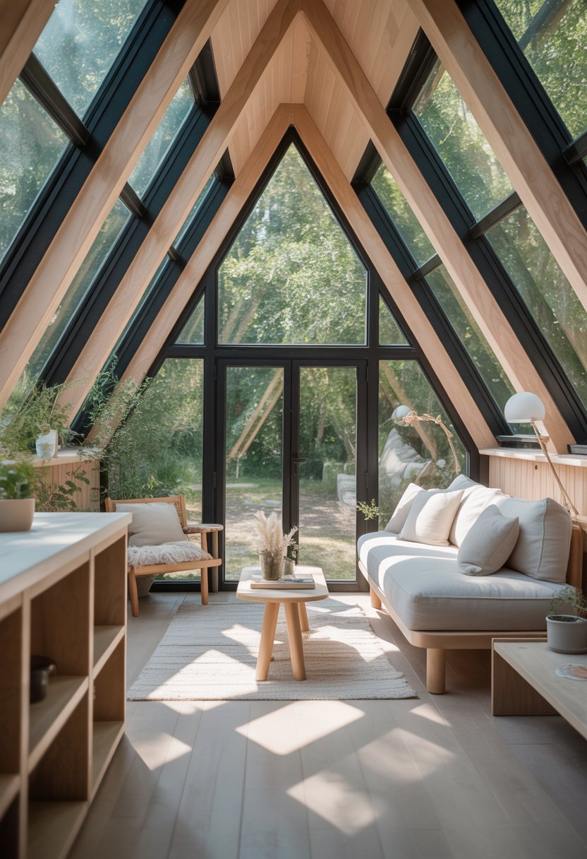 Interior of a tiny A-frame house with a large wall of windows letting in natural light.