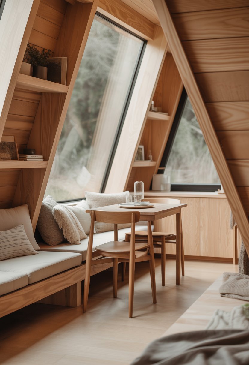 Interior view of a small A-frame house with light wood beams, furniture, and natural light coming through large windows.