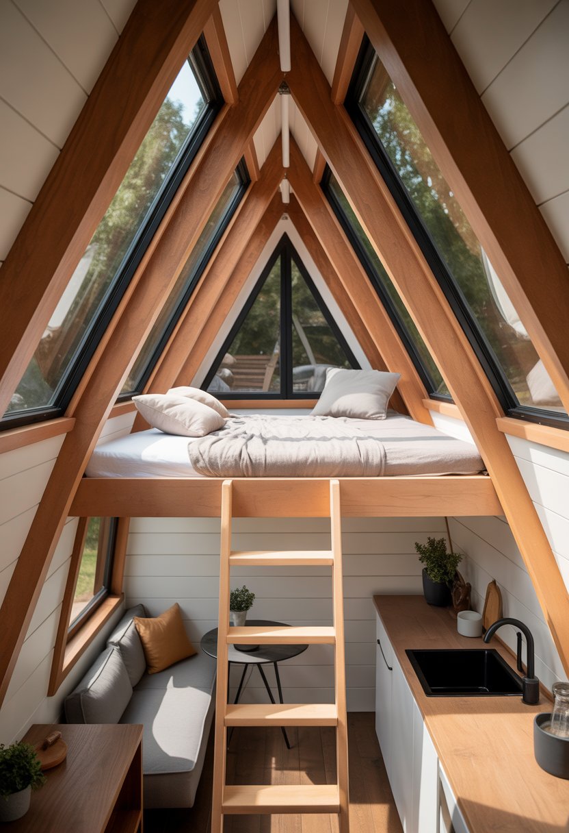 Interior of a tiny house with a loft sleeping area inside a 7 A-frame structure, showing a bed above and a living space below.