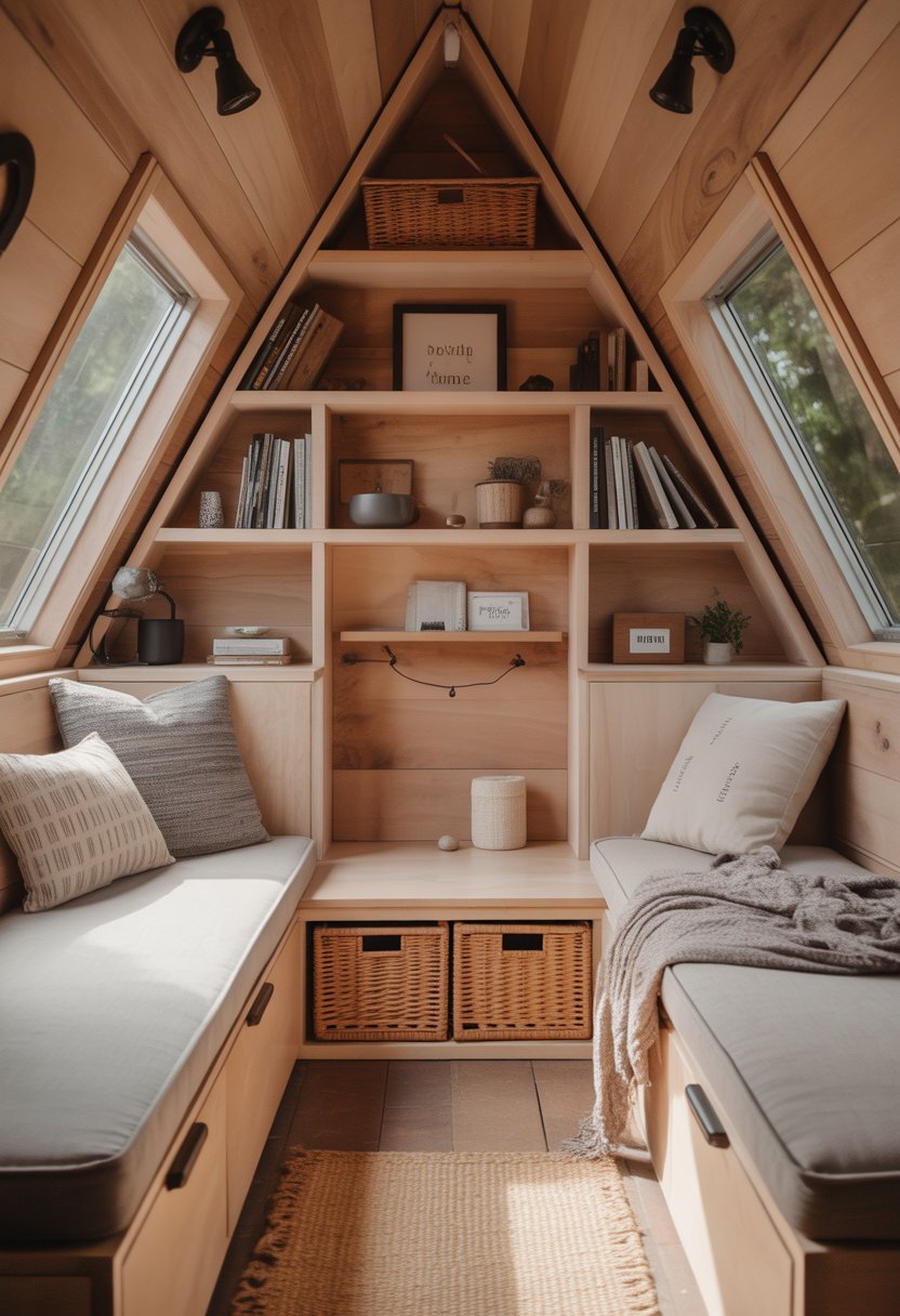 Interior of a 7 A-frame tiny house with built-in shelves and storage, featuring a cozy and organized living space.