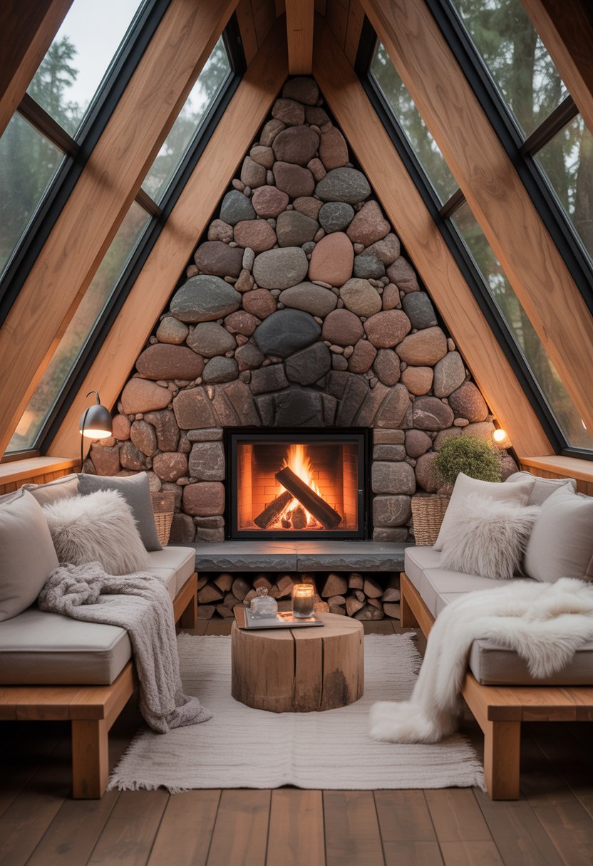 Interior of a tiny A-frame house with a stone fireplace as the central focal point and a cozy seating area around it.