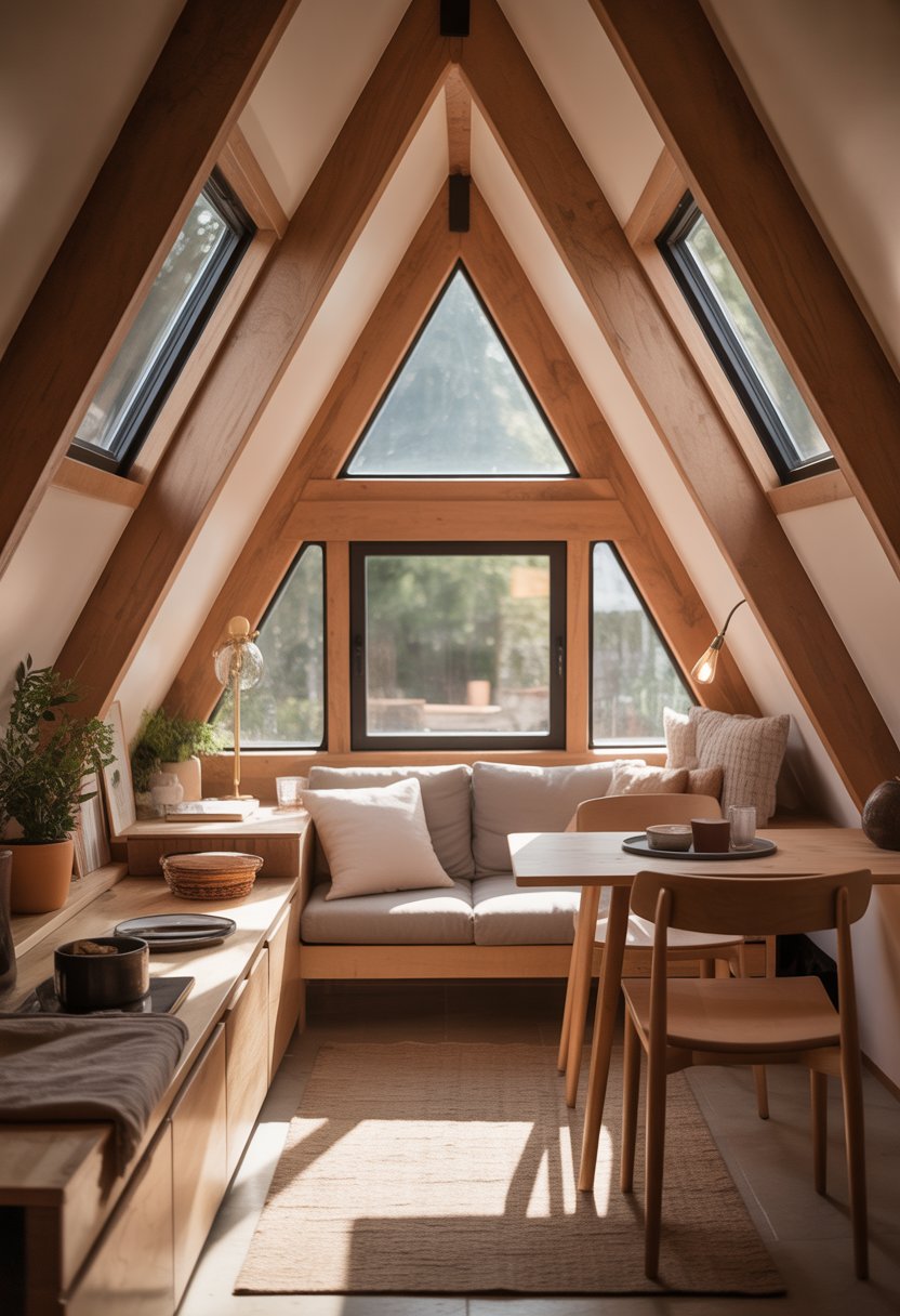 Interior view of a small A-frame house showing wooden beams, large windows, a sofa, dining table, and plants in a cozy living space.