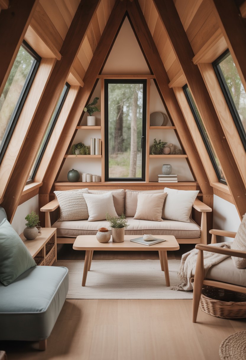 Interior view of a small A-frame house showing a cozy living area with wooden walls, a sofa, coffee table, and large triangular windows letting in natural light.