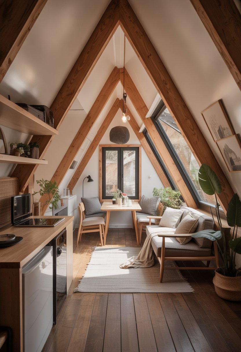 Interior view of a small A-frame house with wooden beams, a sofa, dining table, and large windows letting in natural light.