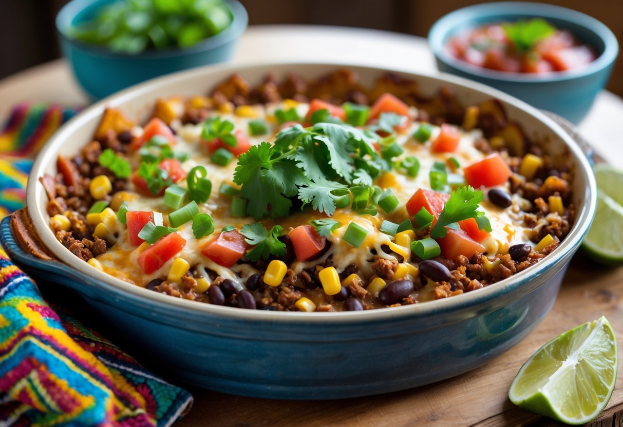 A freshly baked taco casserole in a ceramic dish on a wooden table with salsa and lime wedge nearby.