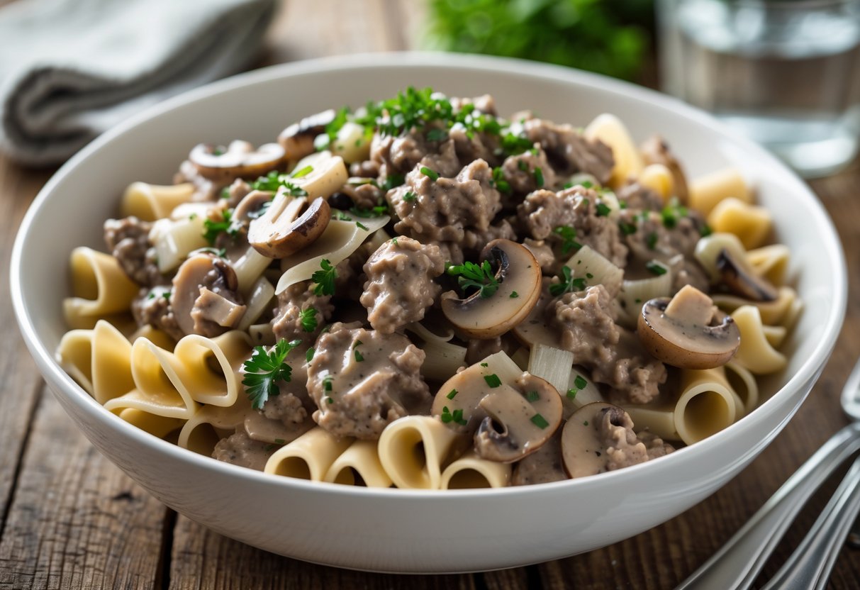 A bowl of ground beef stroganoff with creamy mushroom sauce served over egg noodles, garnished with parsley on a wooden table.