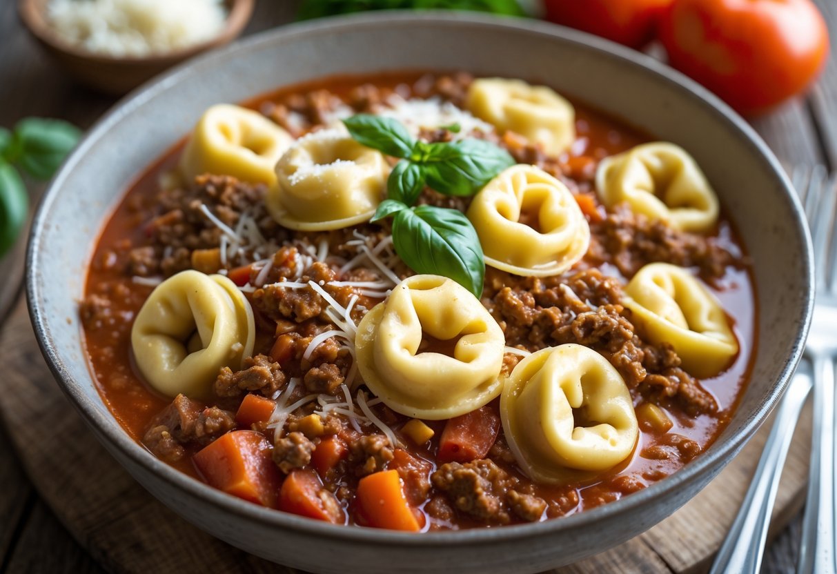 A bowl of beef and cheese tortellini in tomato sauce garnished with basil and Parmesan cheese on a wooden table.