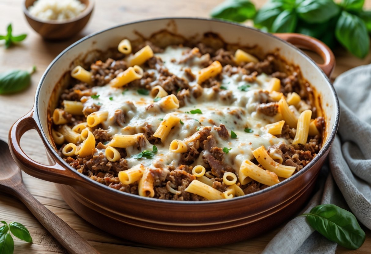 A baked beef and pasta casserole in a ceramic dish on a wooden table with kitchen utensils nearby.