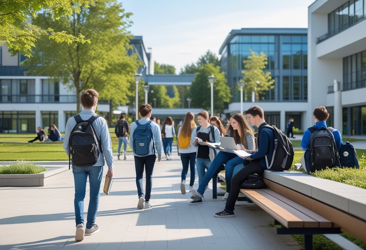 Students studying and walking on a modern university campus with contemporary buildings and greenery on a bright day.
