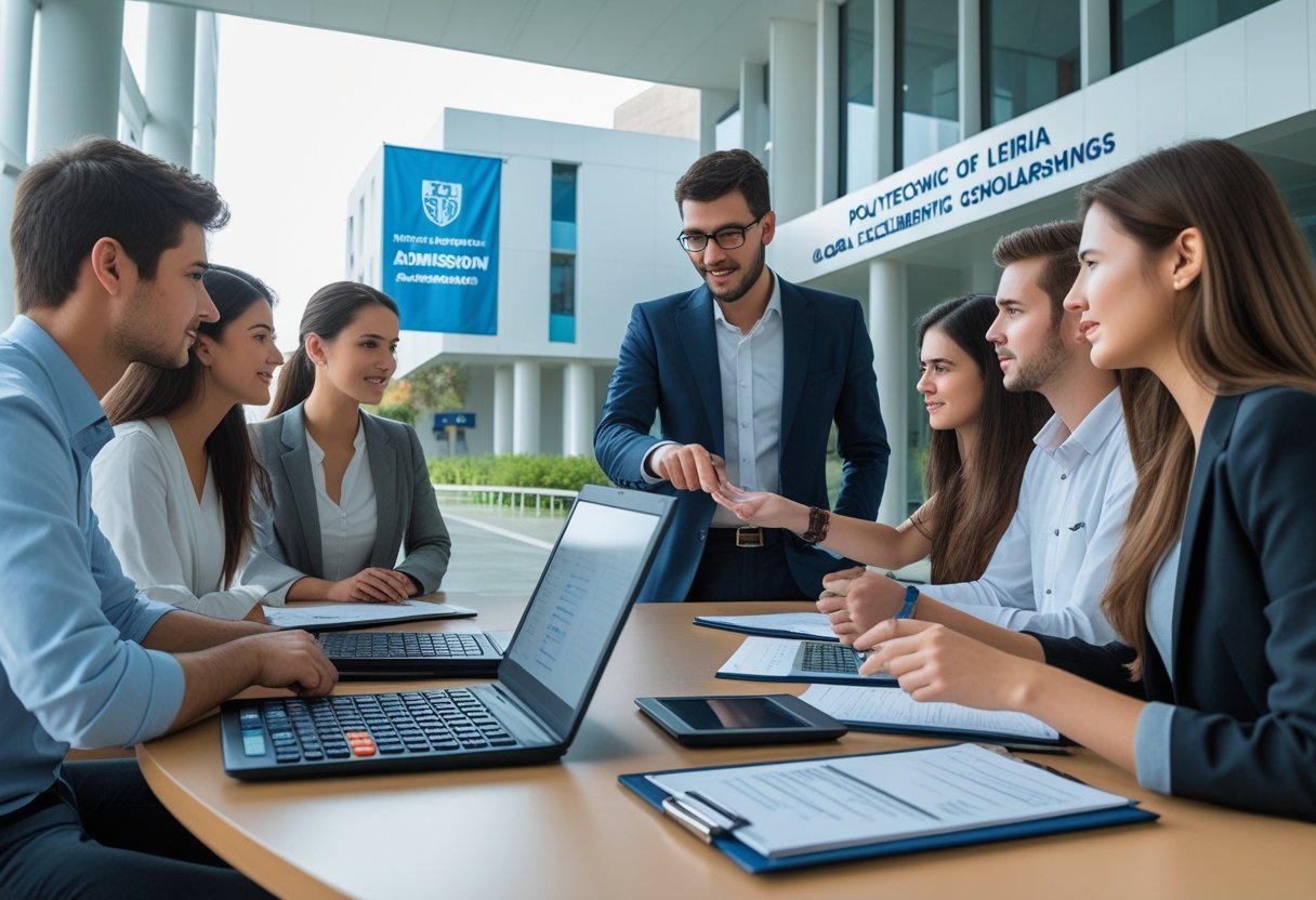 Students and a university advisor discussing tuition fees and admission requirements inside a modern university building.