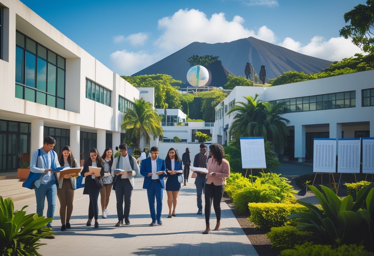 Students studying and walking on a university campus with modern buildings and volcanic landscape in the background.
