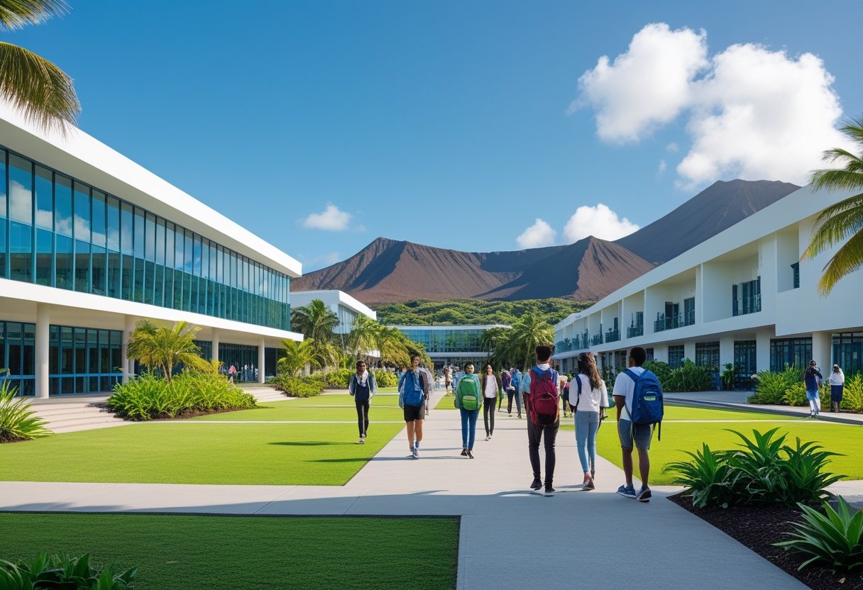 University campus with students walking and studying outdoors near modern buildings, mountains, and ocean in the background.