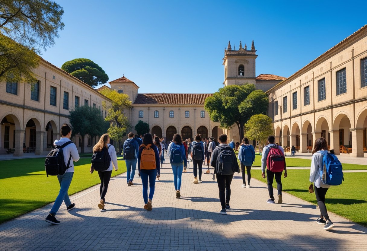 University of Évora campus with historic buildings, green trees, and students walking outdoors on a sunny day.