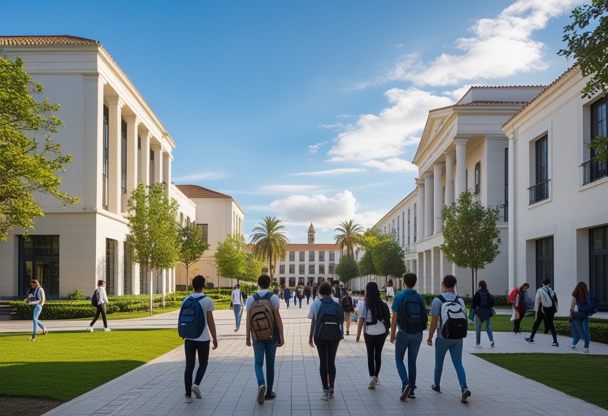 University campus with students walking and studying outdoors among modern and classic buildings surrounded by greenery on a sunny day.