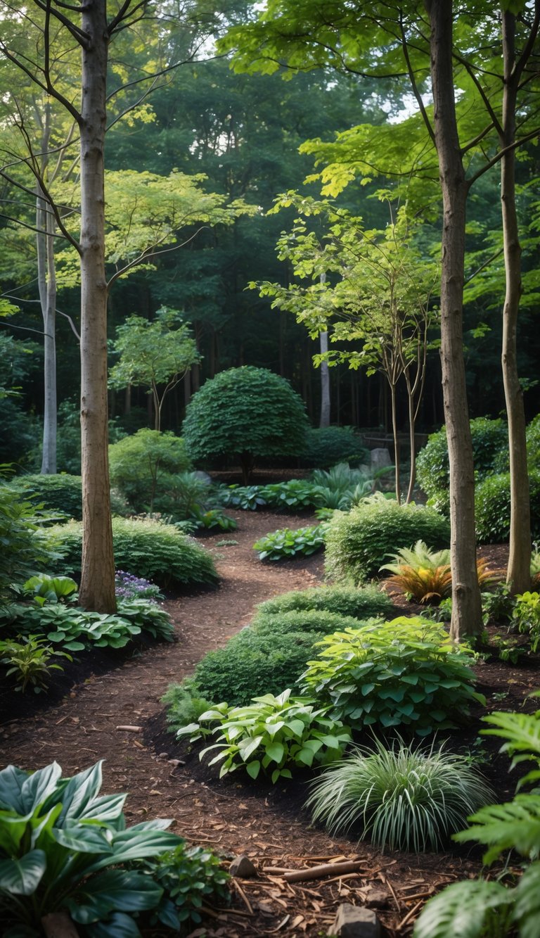 A layered woodland garden with trees, shrubs, and groundcover plants creating a natural forest floor.