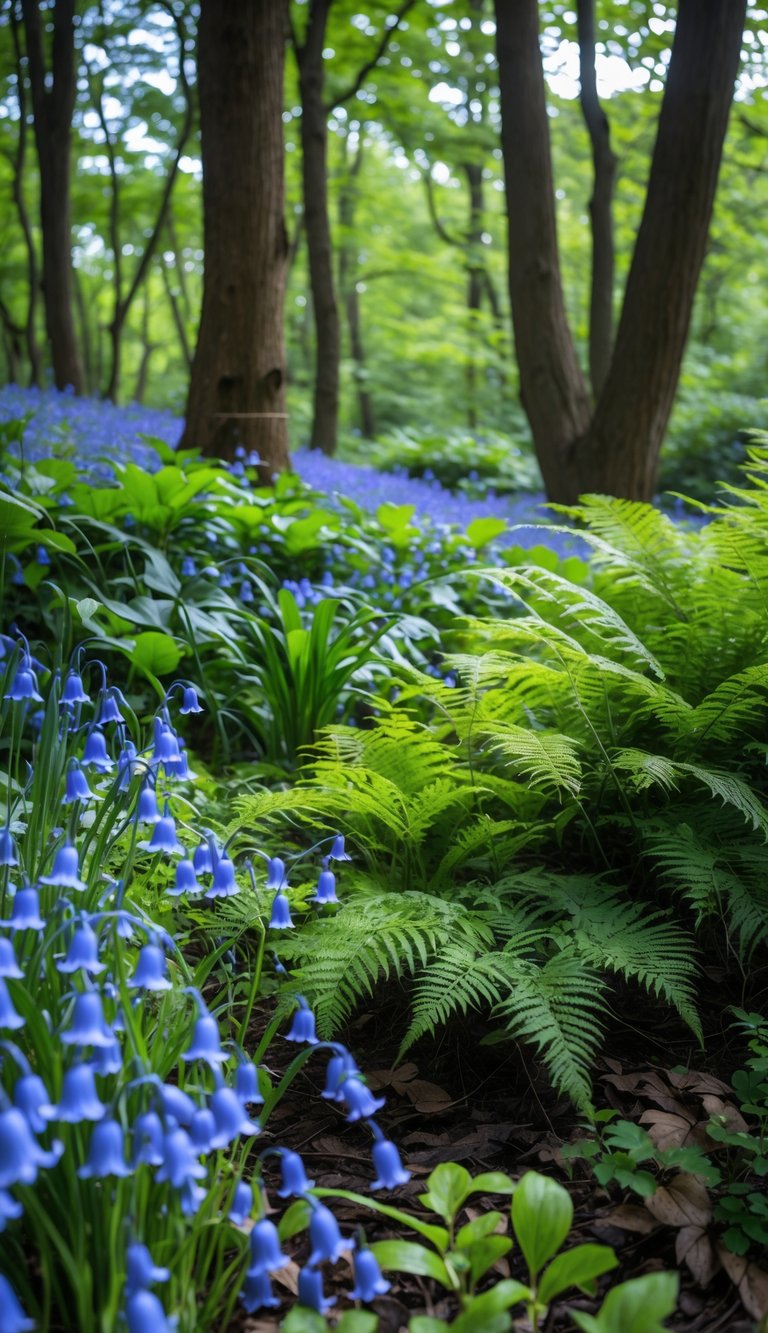 A peaceful woodland garden with bluebells, ferns, and wild ginger growing under tall trees with sunlight filtering through.
